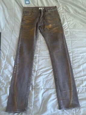 Lifted Anchors Streetwear Metallic Taupe Skinny Jeans with Stud Accents